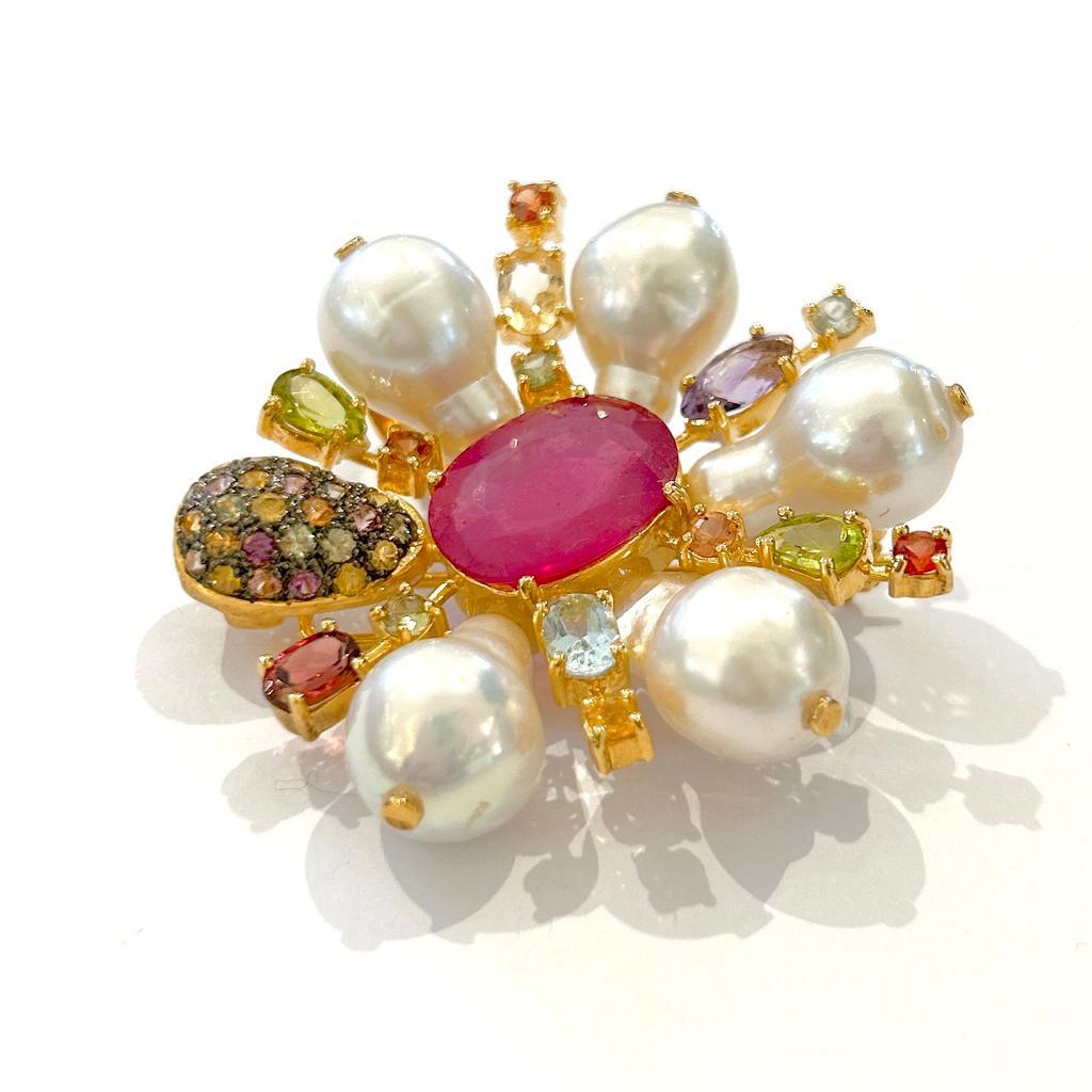 Women's Bochic “Orient” Multi Sapphires & Ruby Brooch Set In 18K Gold & Silver  For Sale