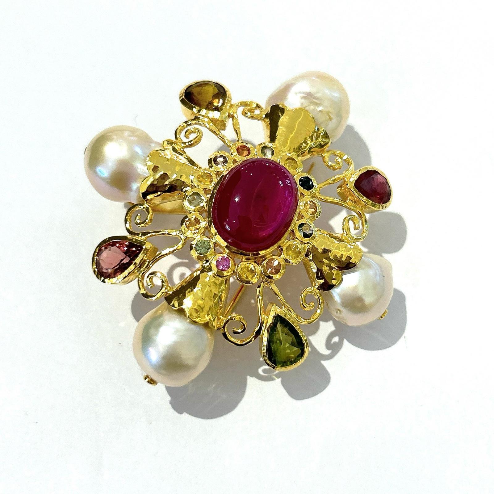 Women's or Men's Bochic “Orient” Multi Sapphires & Ruby Brooch Set In 18K Gold & Silver  For Sale