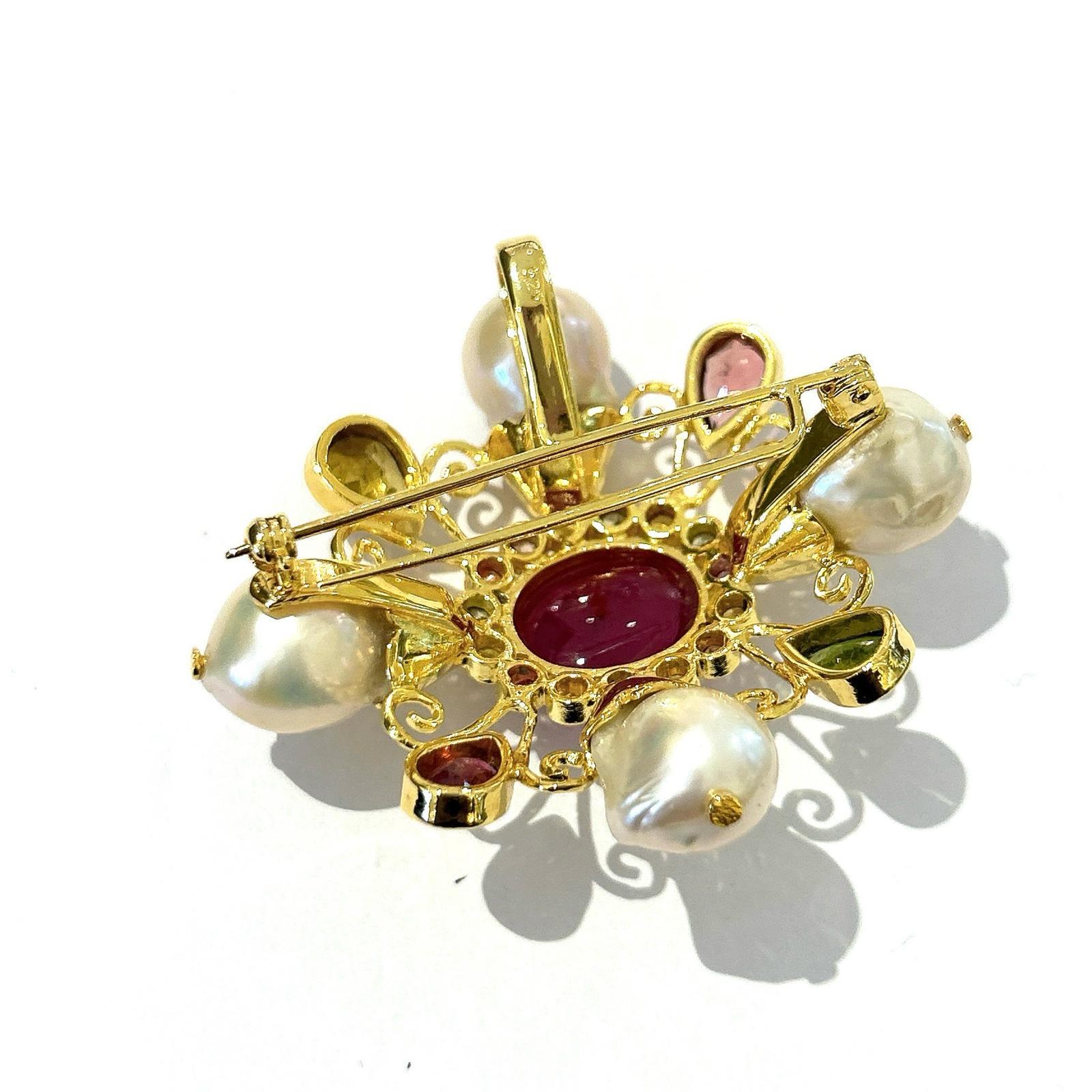 Bochic “Orient” Multi Sapphires & Ruby Brooch Set In 18K Gold & Silver  For Sale 1