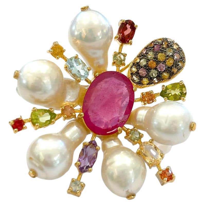 Bochic “Orient” Multi Sapphires and Ruby Brooch Set In 18K Gold and ...