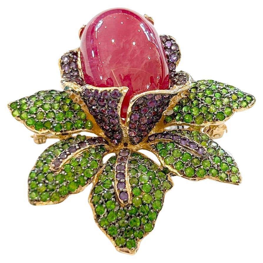 Bochic “Orient” Multi Sapphires and Ruby Brooch Set In 18K Gold and ...