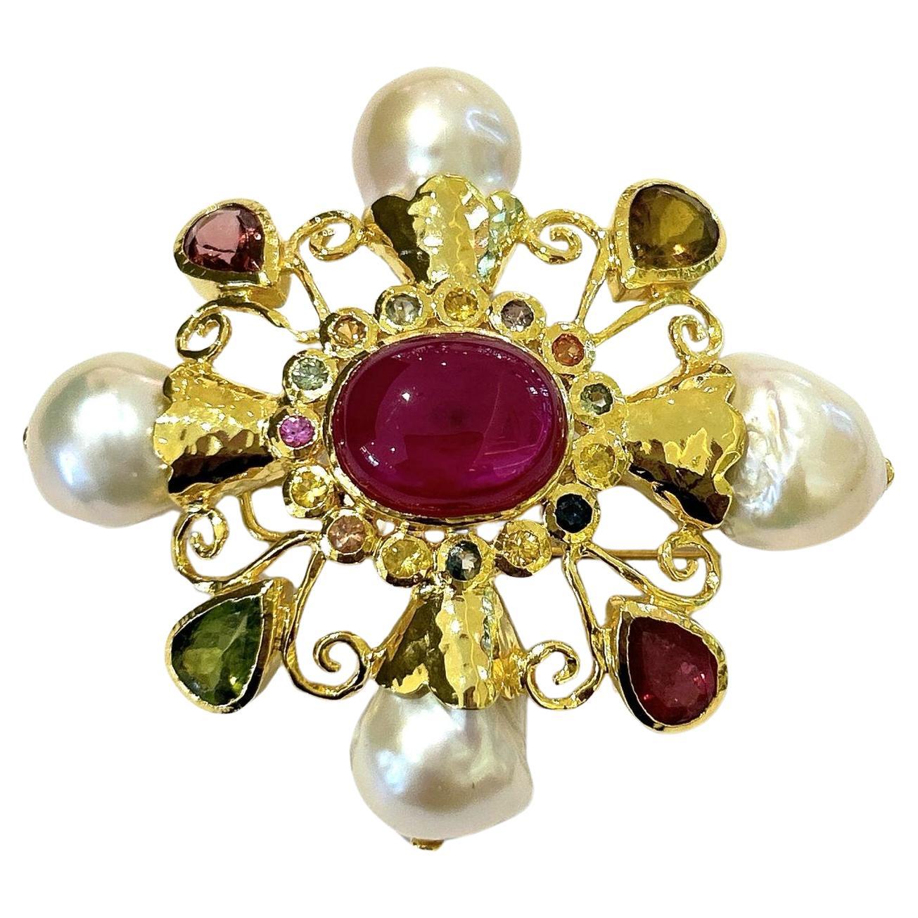 Bochic “Orient” Multi Sapphires & Ruby Brooch Set In 18K Gold & Silver  For Sale