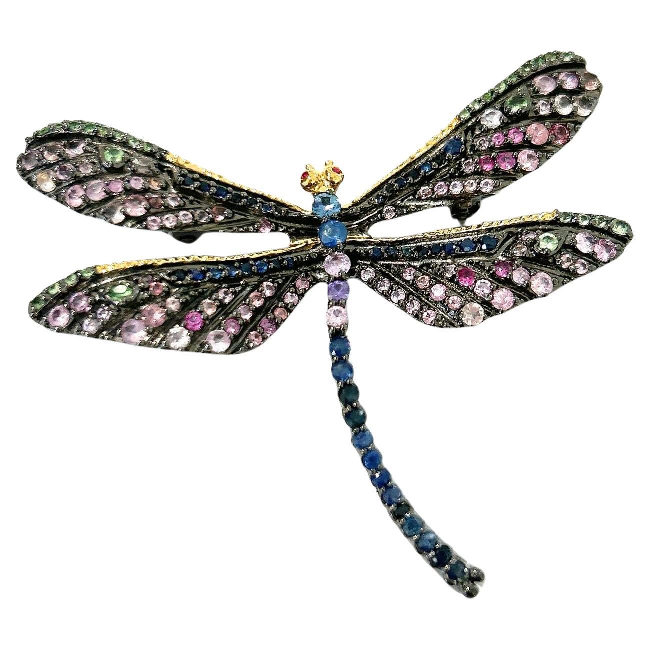 Bochic “Orient” Multi Sapphires & Ruby Brooch Set In 18K Gold & Silver  For Sale