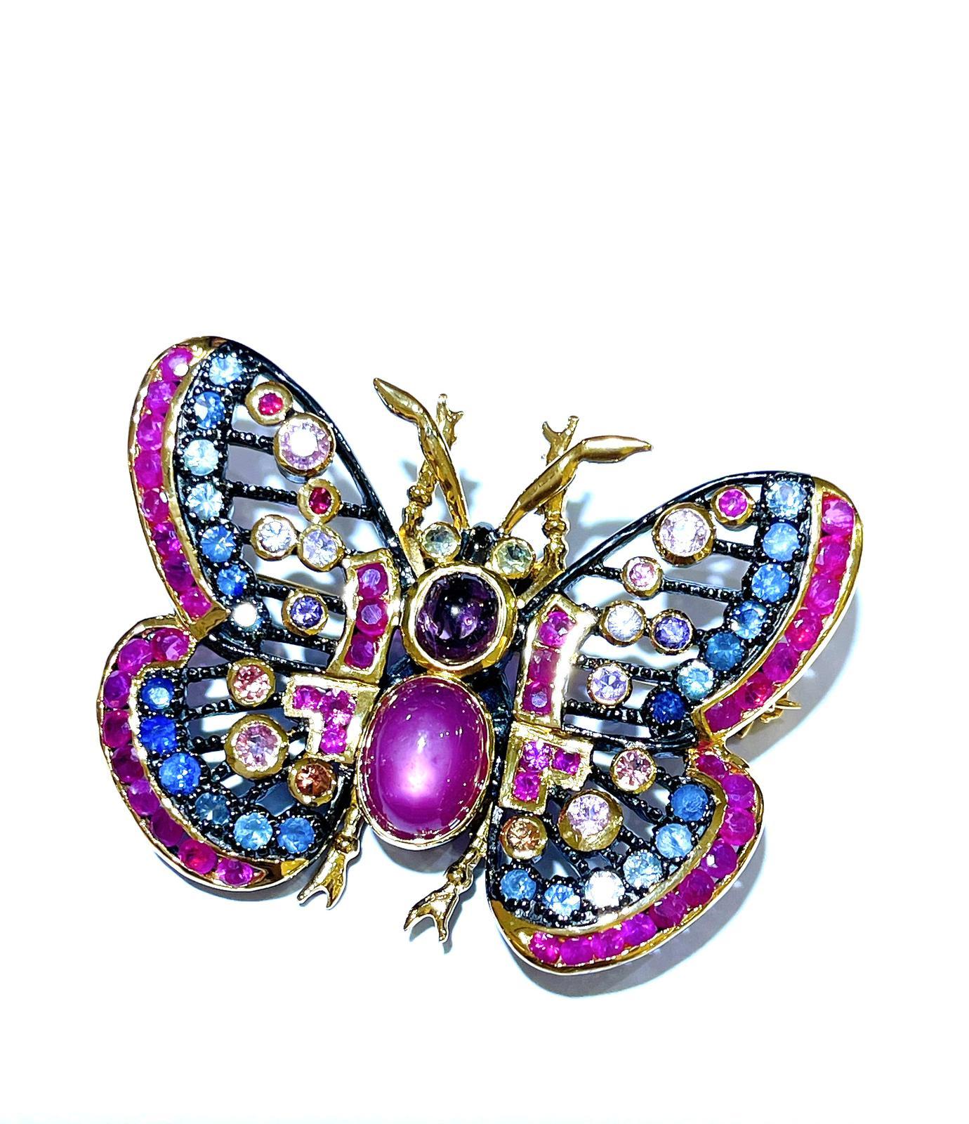 Belle Époque Bochic “Orient” Multi Sapphires & Ruby Butterfly Brooch Set In 18K Gold&Silver  For Sale
