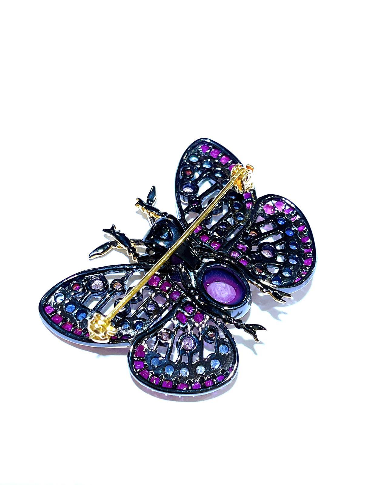 Bochic “Orient” Multi Sapphires & Ruby Butterfly Brooch Set In 18K Gold&Silver  In New Condition For Sale In New York, NY