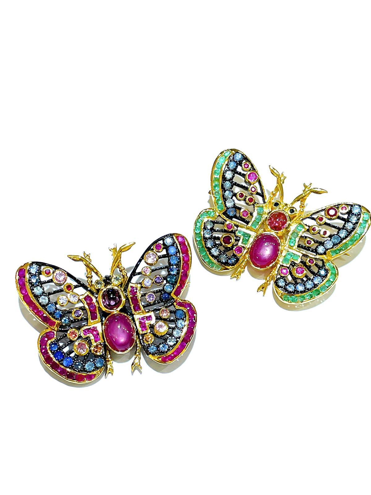 Bochic “Orient” Multi Sapphires, & Ruby Butterfly Brooch Set In 18K Gold&Silver  In New Condition For Sale In New York, NY