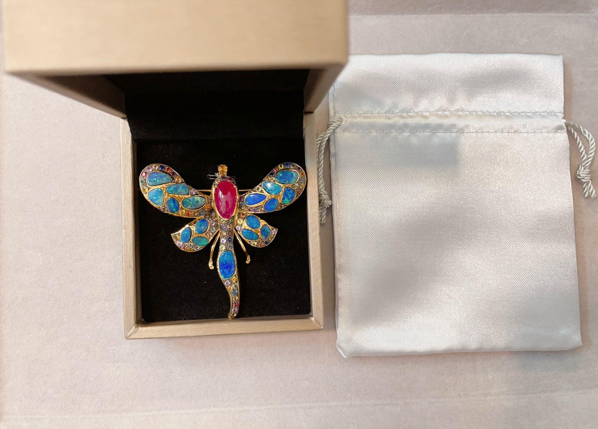 Bochic “Orient” Multi Sapphires & Ruby Butterfly Brooch Set In 18K Gold&Silver  For Sale 2