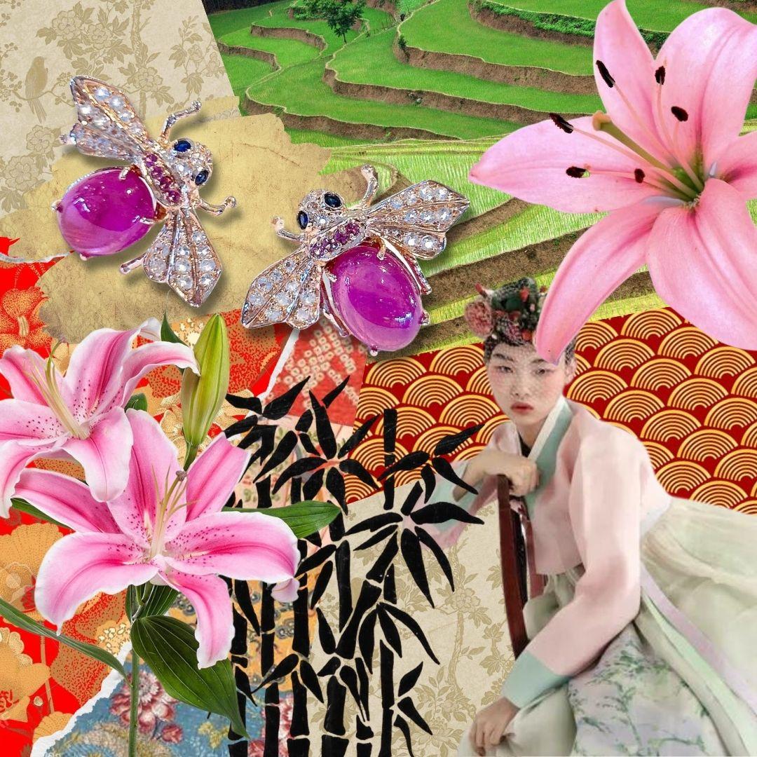 Bochic “Orient” Multi Sapphires, & Ruby Butterfly Brooch Set In 18K Gold&Silver  For Sale 3