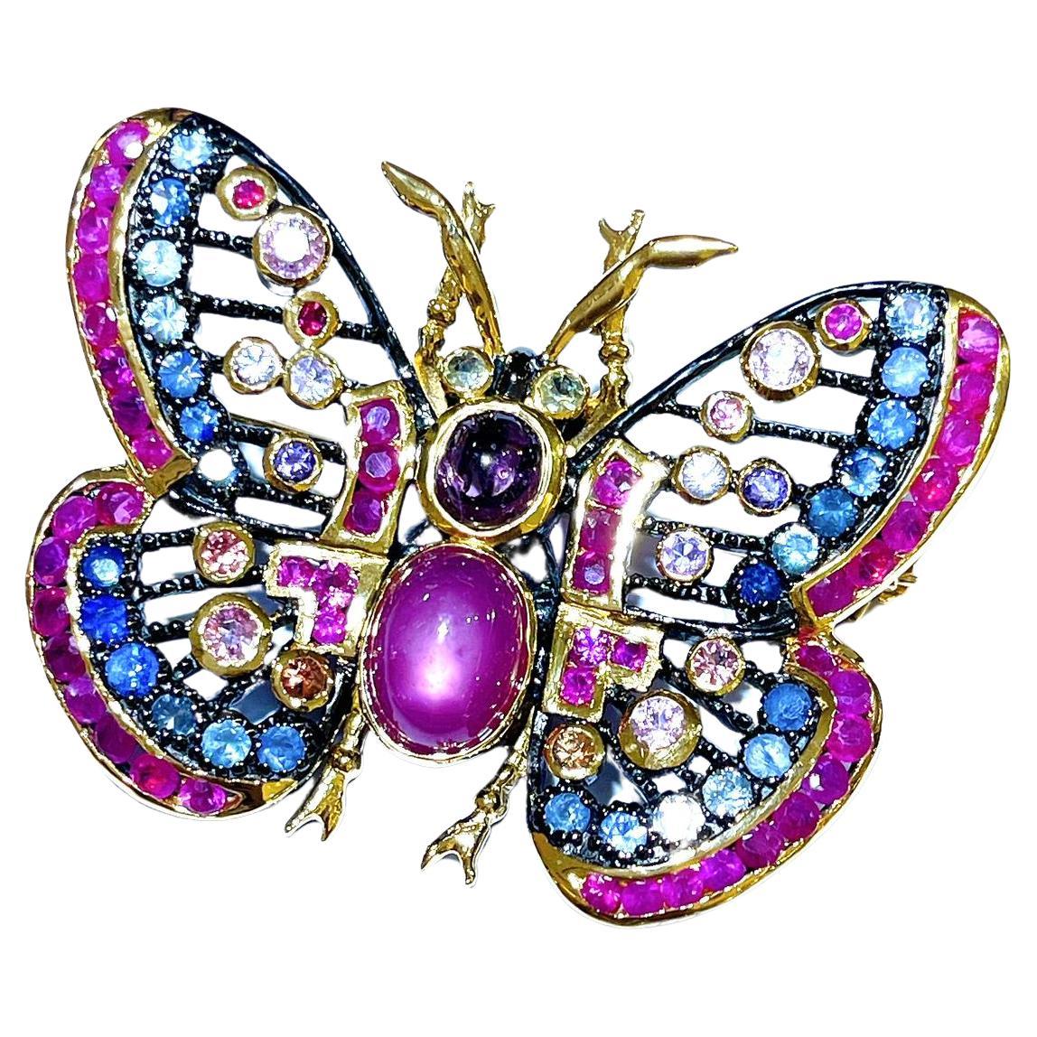 Bochic “Orient” Multi Sapphires & Ruby Butterfly Brooch Set In 18K Gold&Silver  For Sale