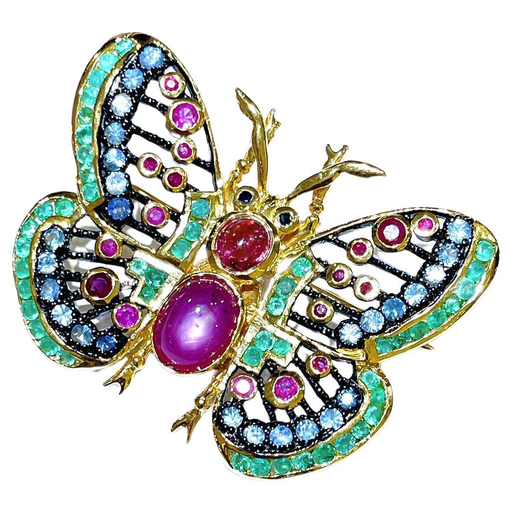 Bochic “Orient” Multi Sapphires, & Ruby Butterfly Brooch Set In 18K Gold&Silver  For Sale