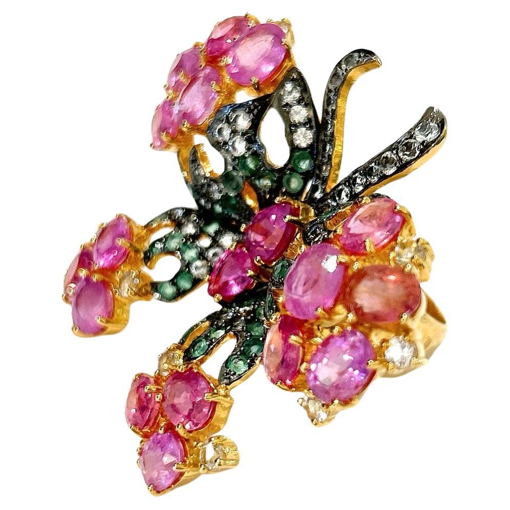 Bochic “Orient” Multi Sapphires & Ruby Cocktail Ring Set In 18K Gold & Silver 
