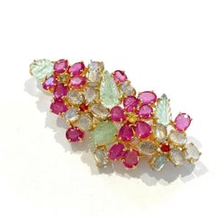 Bochic “Orient” Multi Sapphires, Ruby & Emerald Brooch Set In 18K Gold & Silver