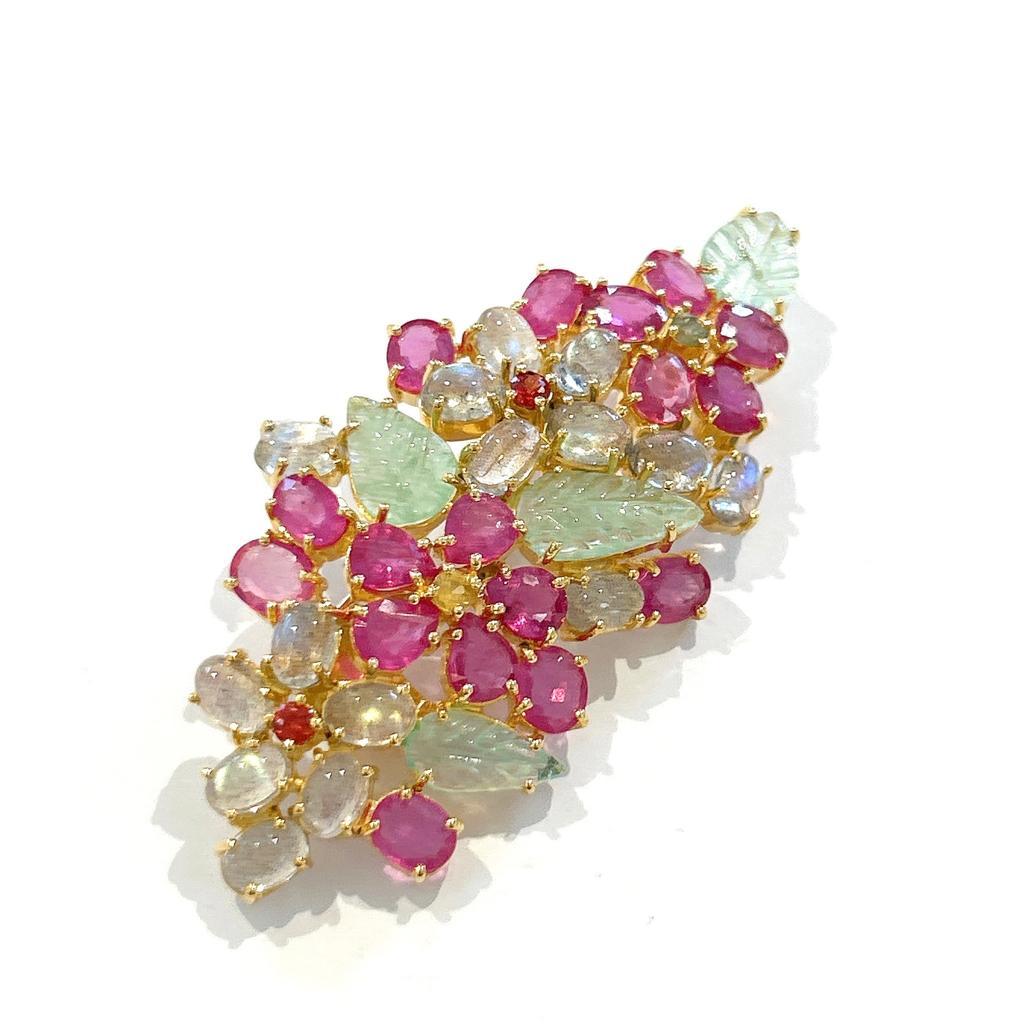 Cabochon Bochic “Orient” Multi Sapphires, Ruby & Emerald Brooch Set In 18K Gold & Silver 