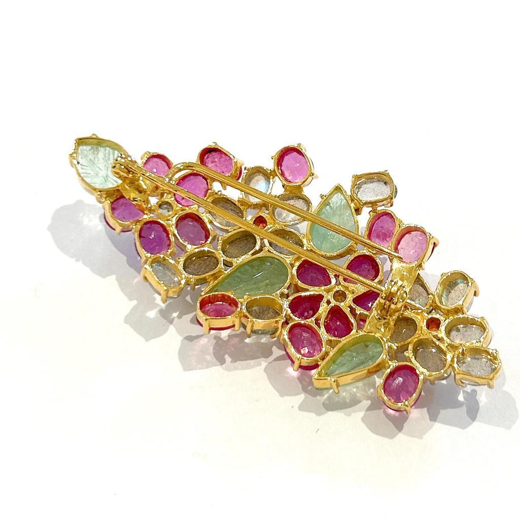 Bochic “Orient” Multi Sapphires, Ruby & Emerald Brooch Set In 18K Gold & Silver  In New Condition In New York, NY