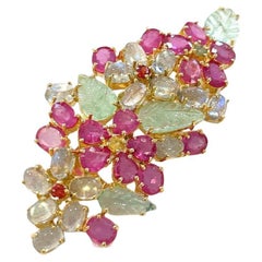 Bochic “Orient” Multi Sapphires, Ruby & Emerald Brooch Set In 18K Gold & Silver 