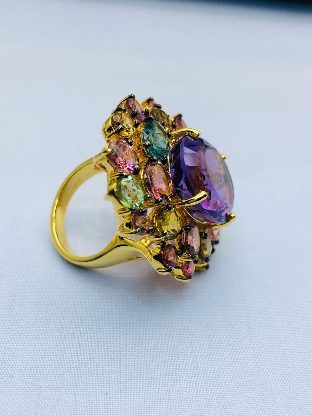 Bochic “Orient” Natural Multi Tourmaline & Amethyst Ring Set 18K Gold & Silver For Sale 5