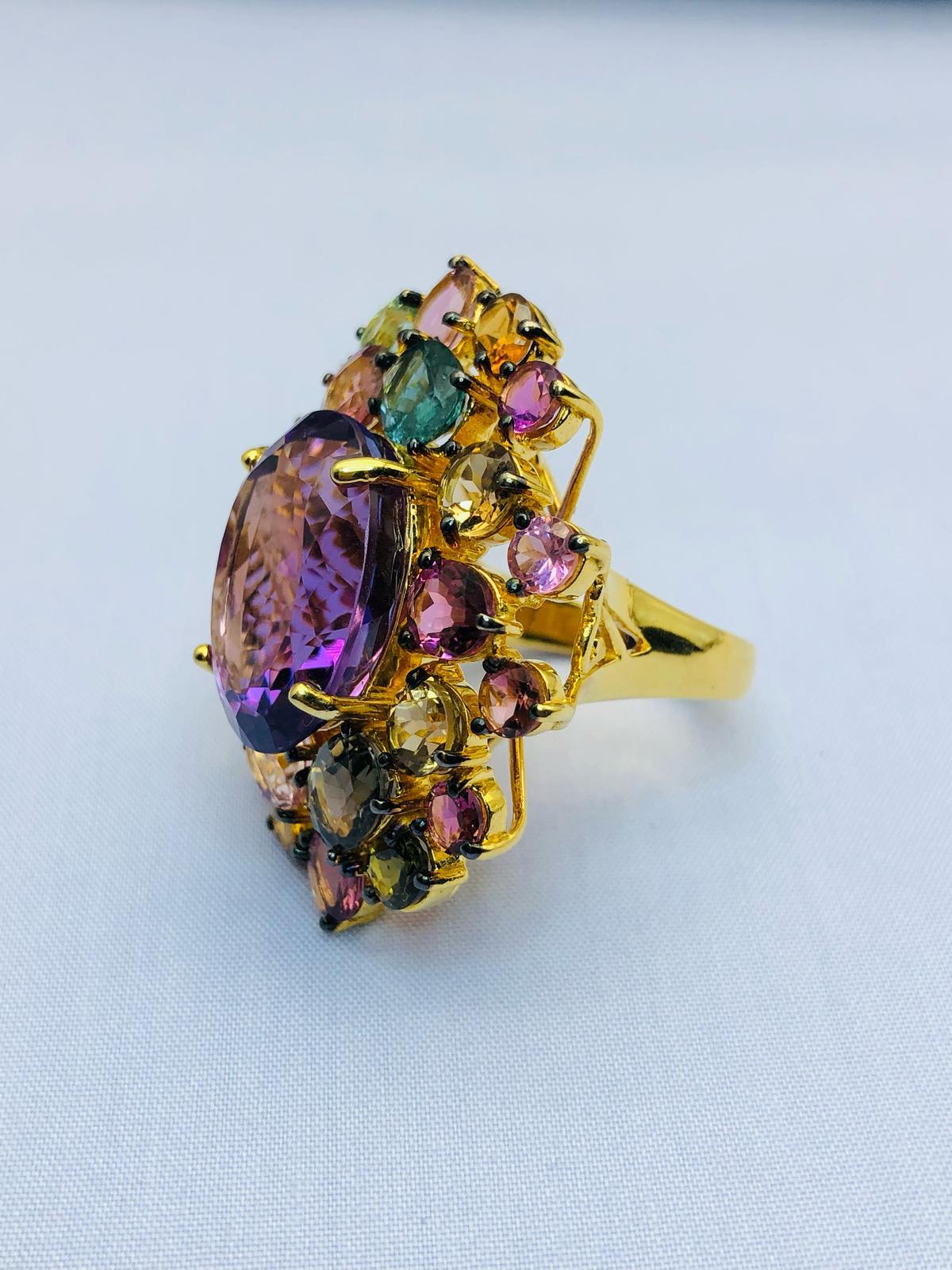 Bochic “Orient” Natural Multi Tourmaline & Amethyst Ring Set 18K Gold & Silver For Sale 6