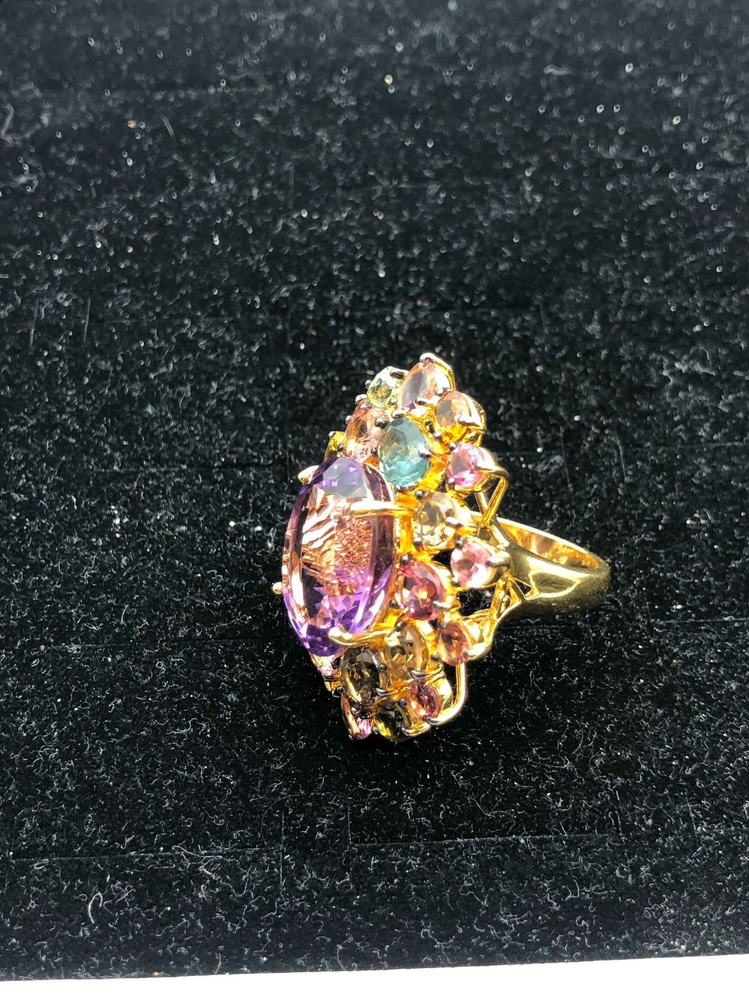 Bochic “Orient” Natural Multi Tourmaline & Amethyst Ring Set 18K Gold & Silver For Sale 8