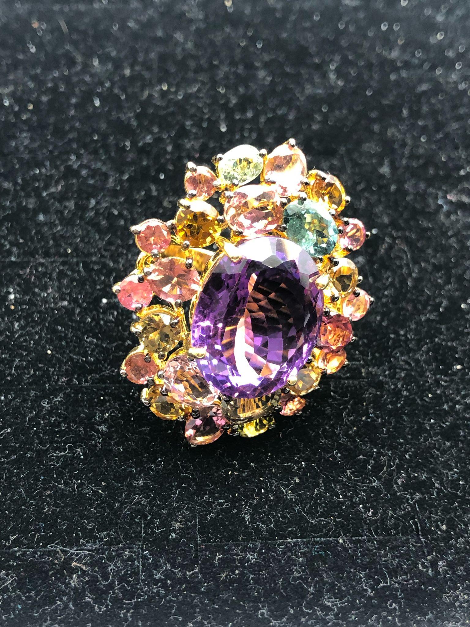 Bochic “Orient” Natural Multi Tourmaline & Amethyst Ring Set 18K Gold & Silver For Sale 9
