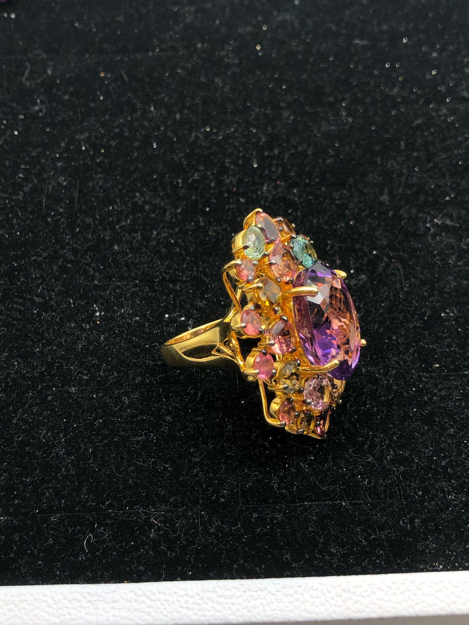 Bochic “Orient” Natural Multi Tourmaline & Amethyst Ring Set 18K Gold & Silver For Sale 10