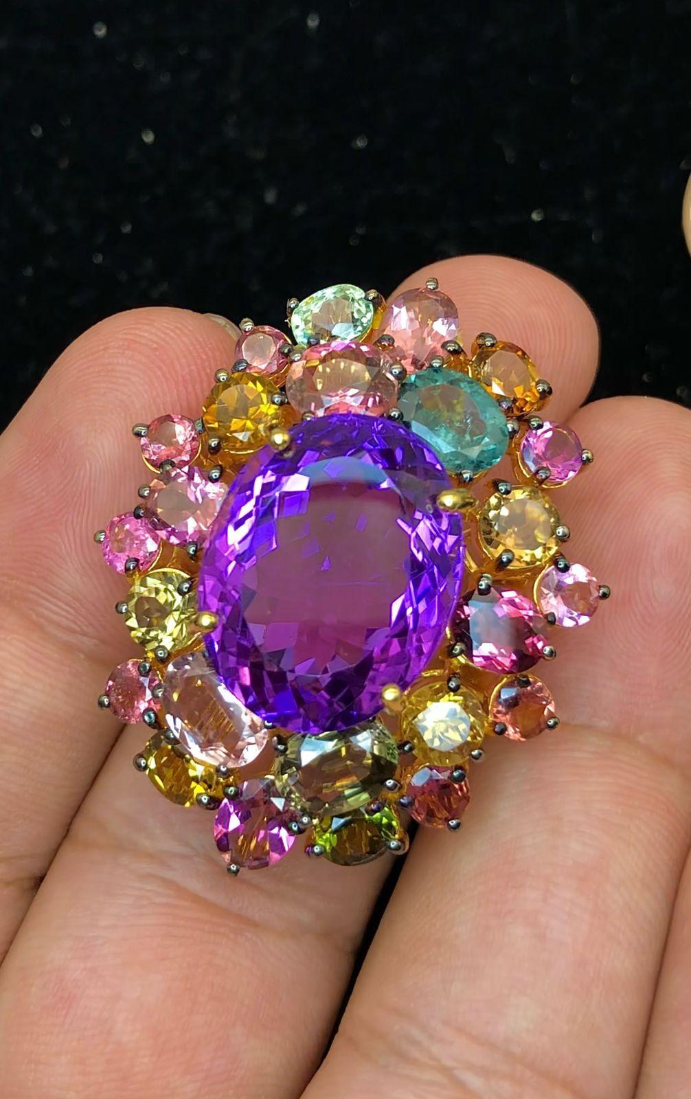 Baroque Bochic “Orient” Natural Multi Tourmaline & Amethyst Ring Set 18K Gold & Silver For Sale