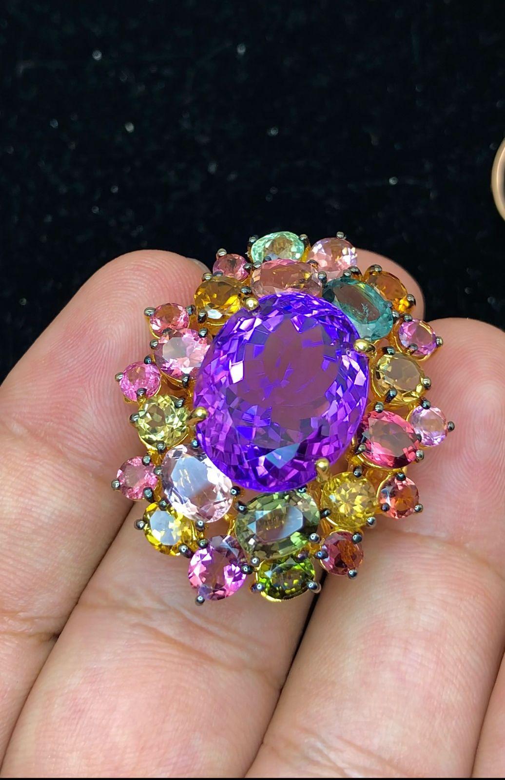 Brilliant Cut Bochic “Orient” Natural Multi Tourmaline & Amethyst Ring Set 18K Gold & Silver For Sale