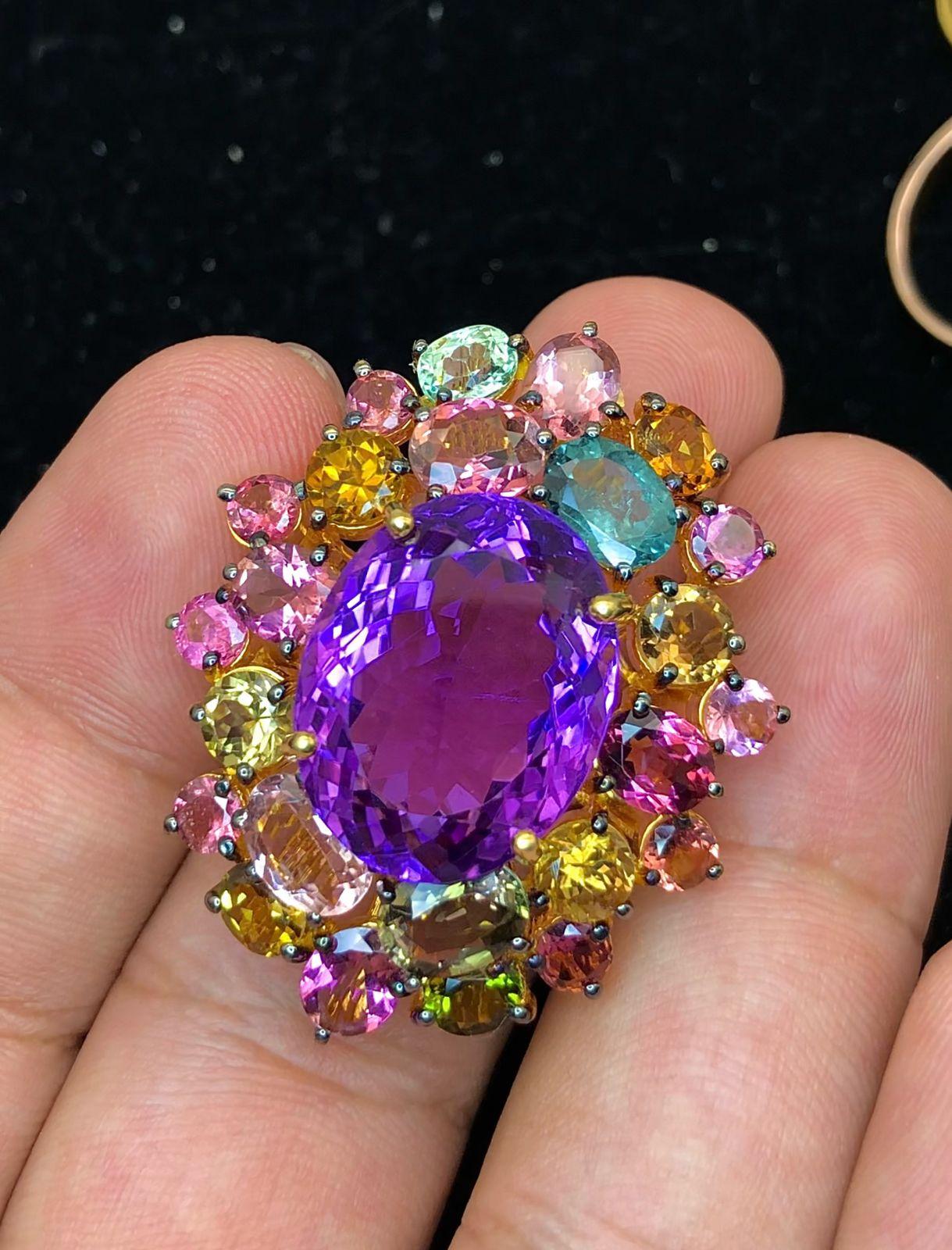 Bochic “Orient” Natural Multi Tourmaline & Amethyst Ring Set 18K Gold & Silver For Sale 2