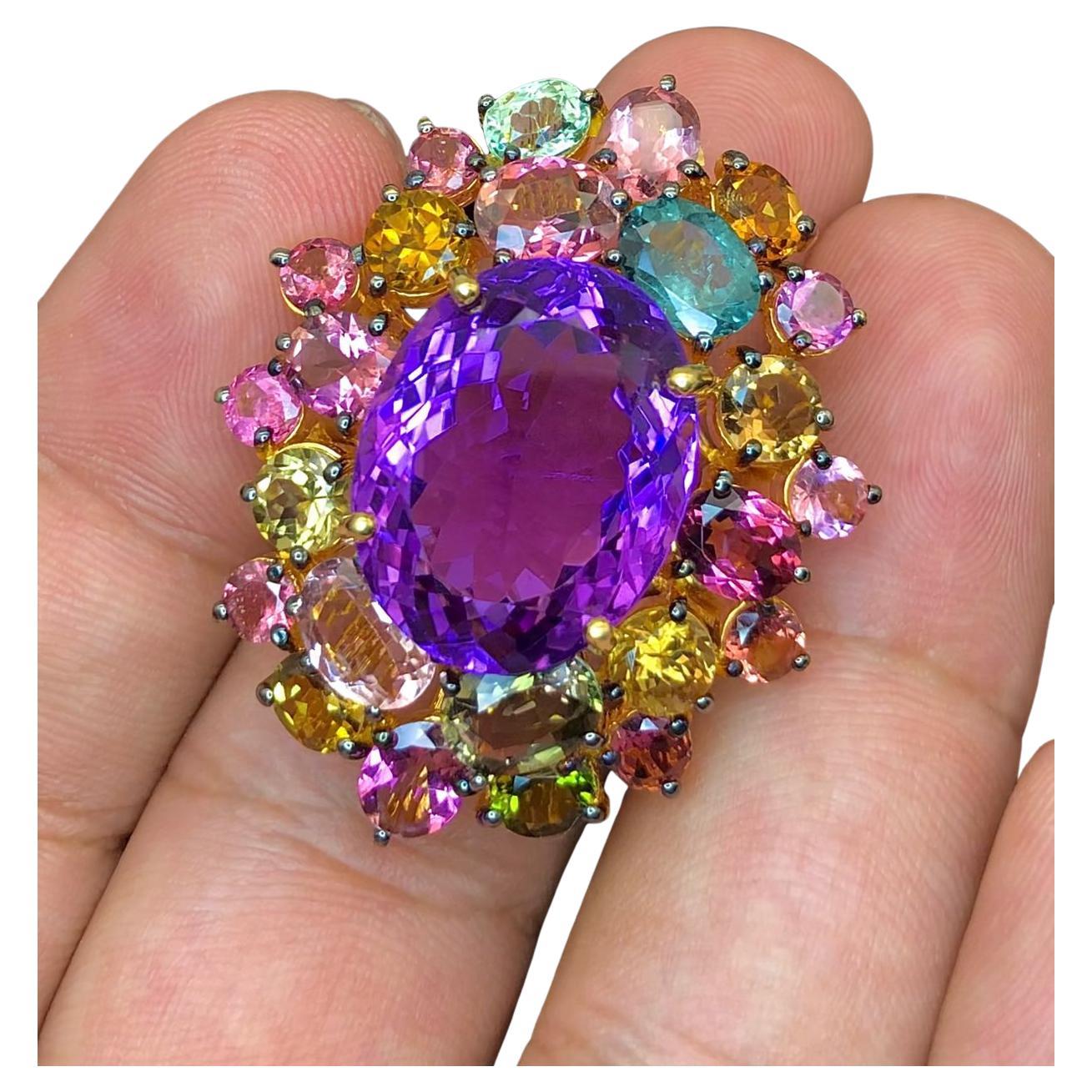 Anillo Bochic "Orient" Multi Turmalina y Amatista Engastado en Oro de 18 K y Plata
