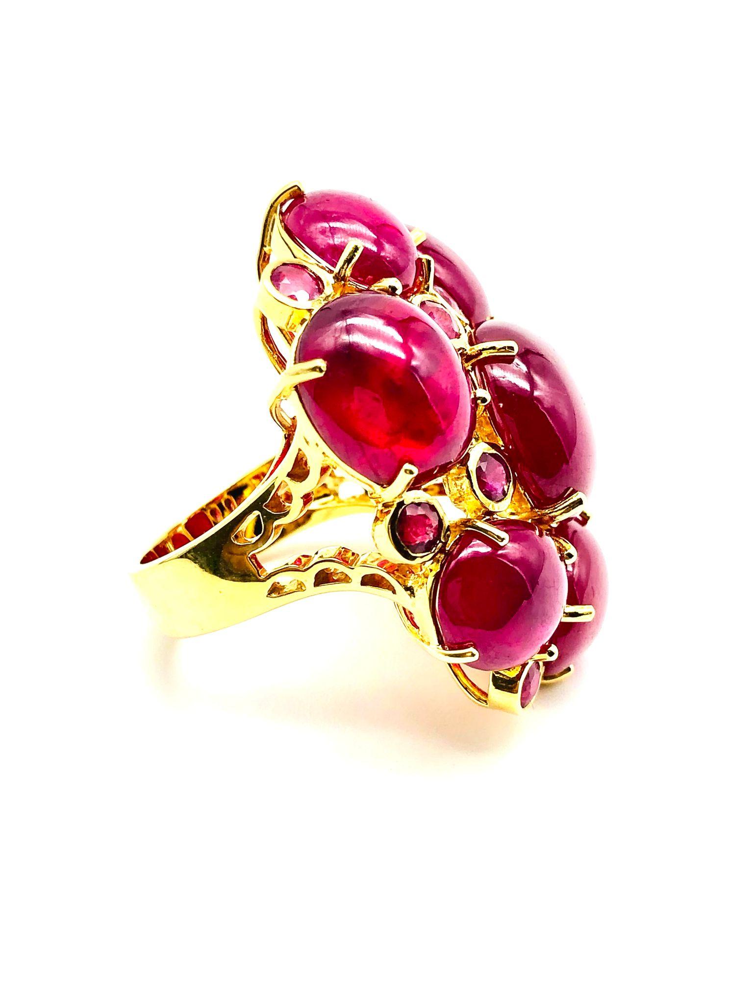 Cabochon Bochic “Orient” Natural African Multi Ruby Ring Set In 18K Yellow Gold & Silver For Sale