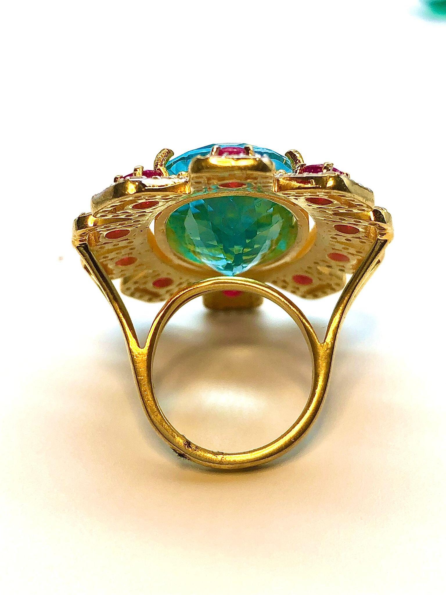 Bague Bochic Orient en or 18 carats, rubis africain naturel, topaze bleue et diamant en vente 5