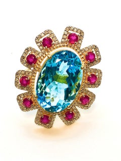 Bochic “Orient” Natural African Ruby, Blue Topaz & Diamond Ring Set 18K Gold &