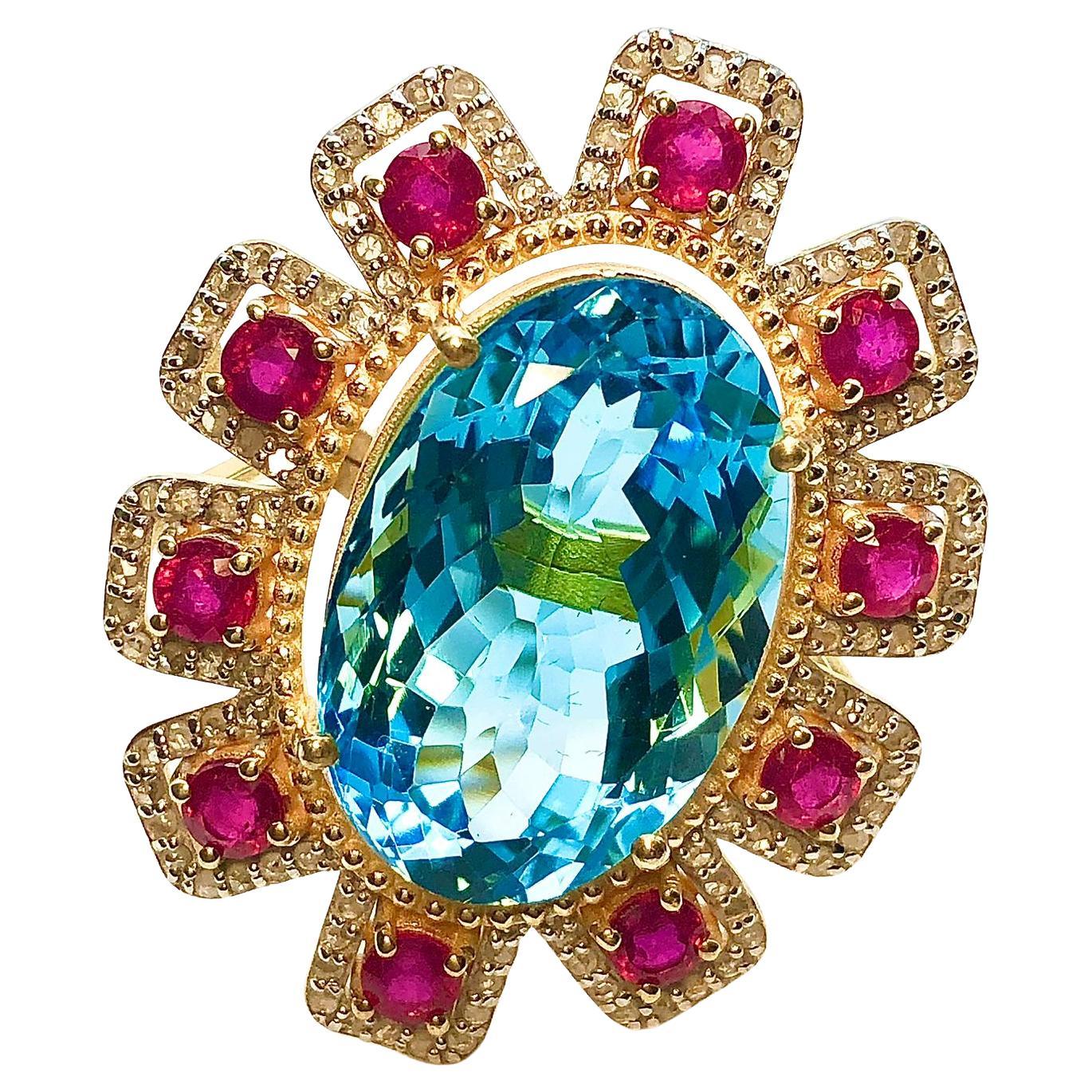 Bochic “Orient” Natural African Ruby, Blue Topaz & Diamond Ring Set 18K Gold &