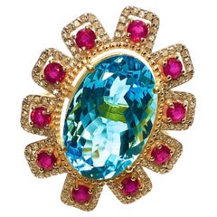 Anello Bochic "Orient" con rubino africano naturale, topazio blu e diamanti, oro 18 carati e