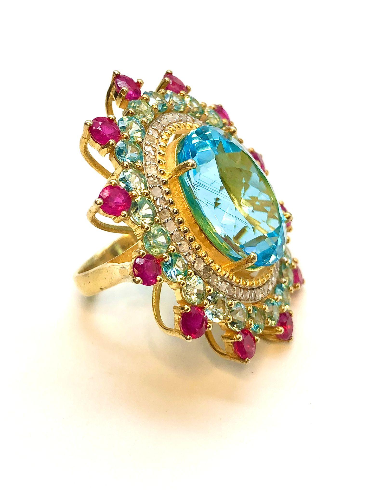 Bochic Orient Natürlicher afrikanischer Rubin, Smaragd, Blautopas &  Diamantring im Angebot 4