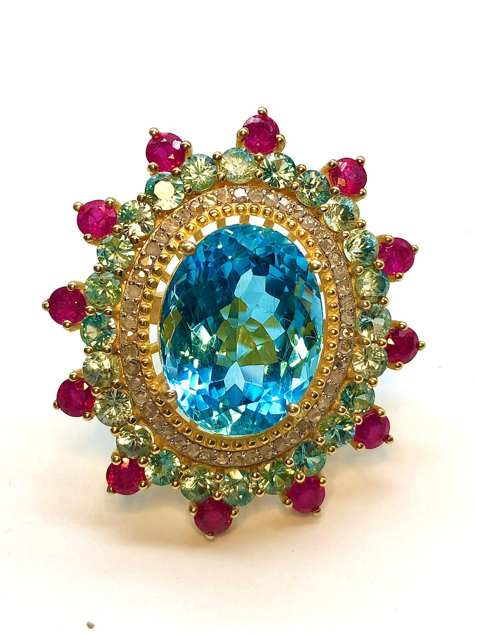 Bochic Orient Natürlicher afrikanischer Rubin, Smaragd, Blautopas &  Diamantring im Zustand „Neu“ im Angebot in New York, NY