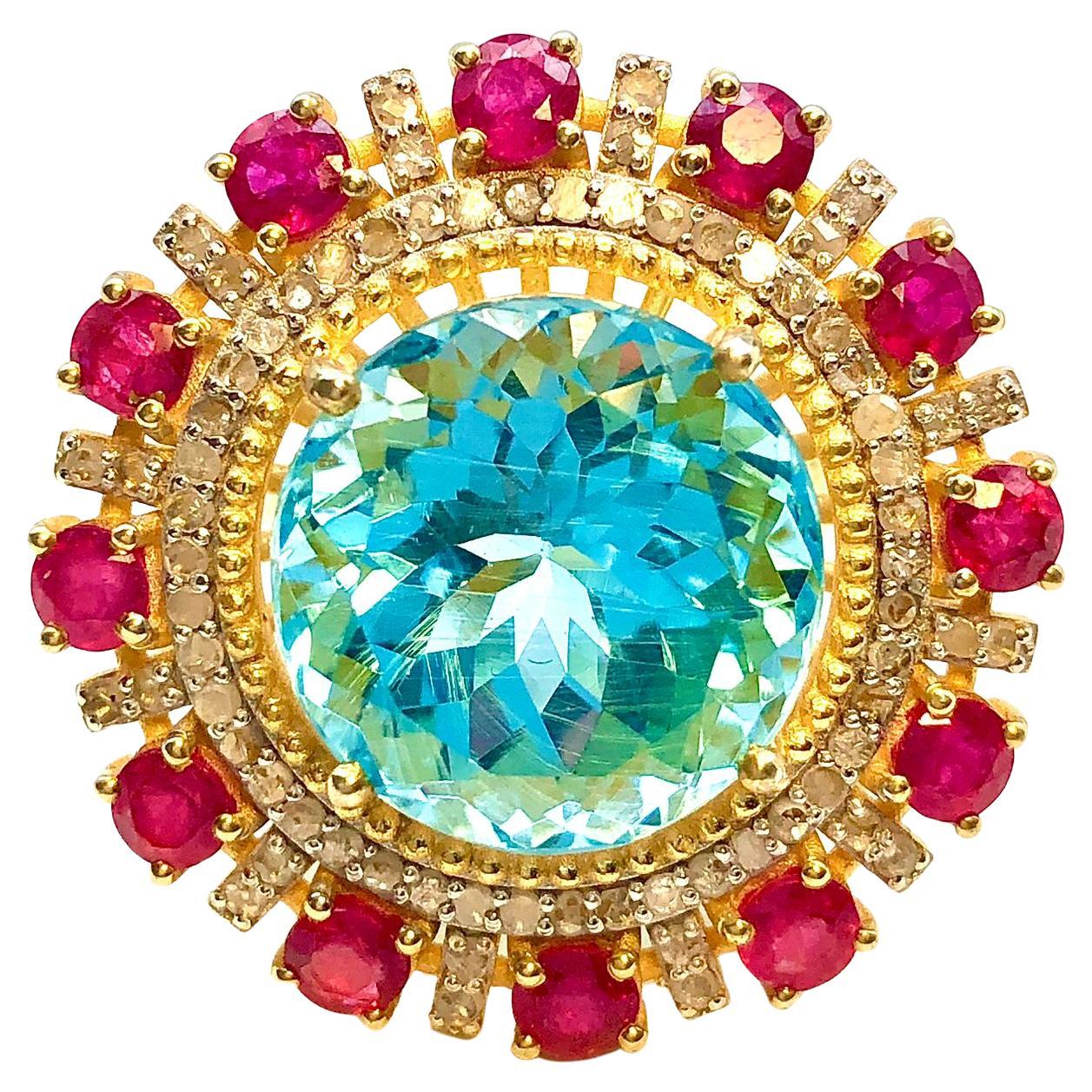 Bochic “Orient” Natural African Ruby, Topaz & Diamond Ring Set In 18K Gold & Sil