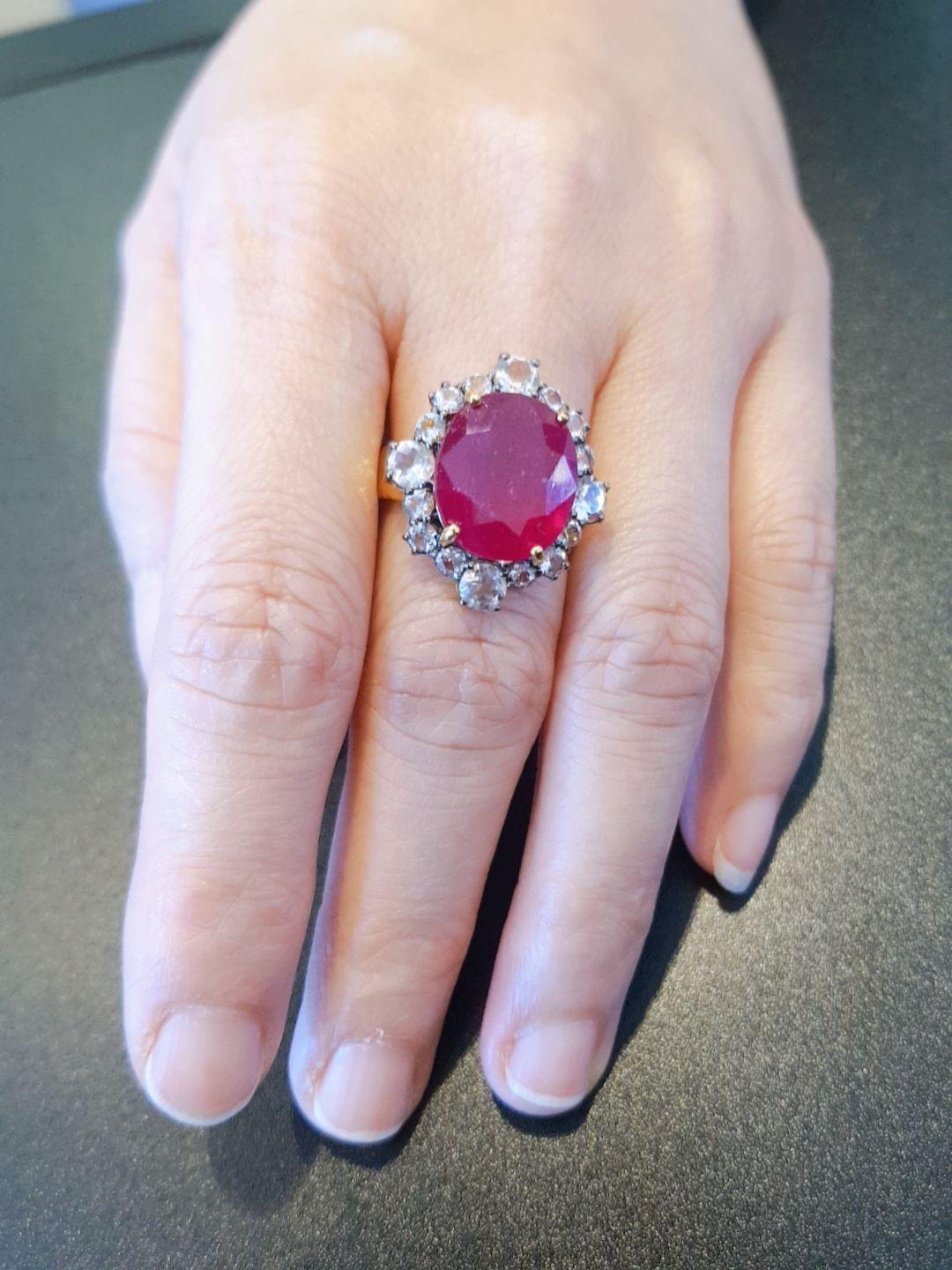 Rose Cut Bochic “Orient” Natural African Ruby & White Topaz Ring Set in 18K Gold & Silver For Sale