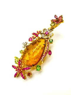 Bochic “Orient” Vintage Amber, Ruby & Emerald Brooch Set In 18K Gold & Silver