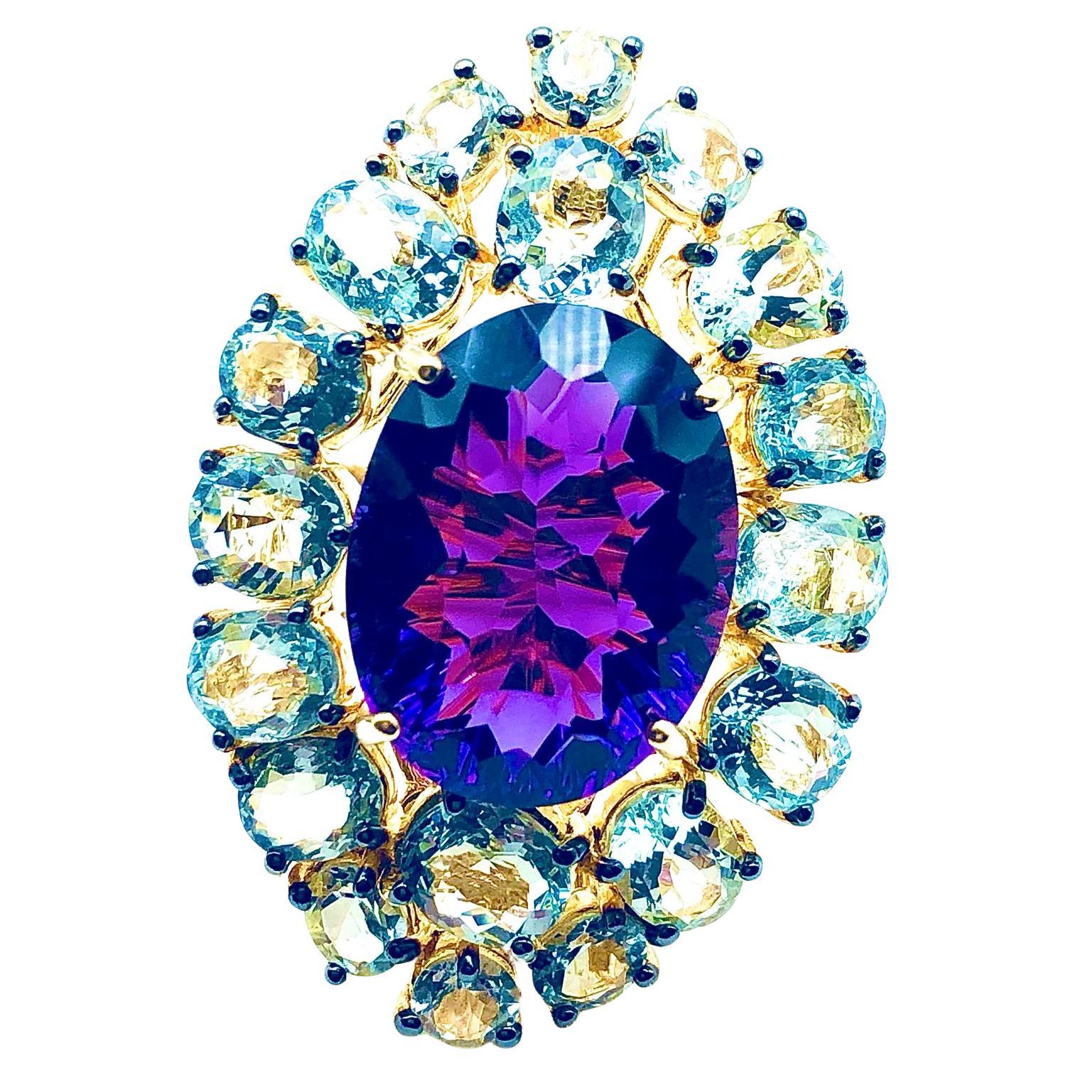 Bochic “Orient” Natural Amethyst & Aquamarine Ring Set In 18K Gold & Silver