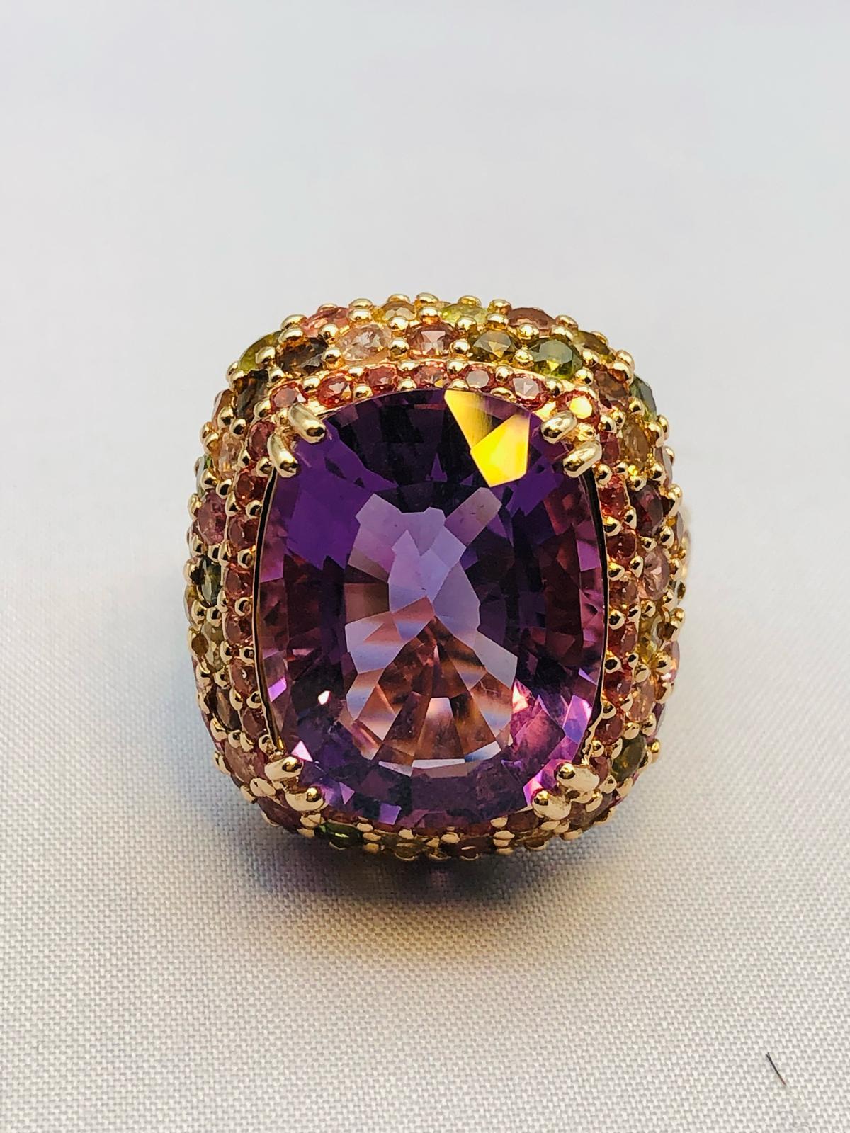 Bochic “Orient” Natural Amethyst & Multi Sapphire Ring Set In 18K Gold & Silver For Sale 4