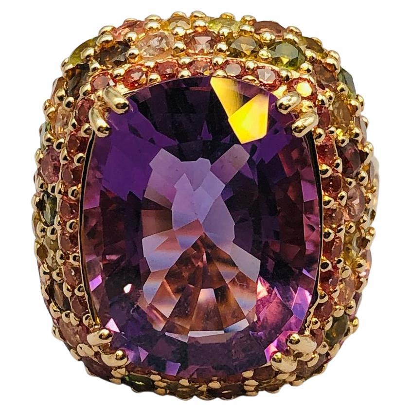 Bochic “Orient” Natural Amethyst & Multi Sapphire Ring Set In 18K Gold & Silver
