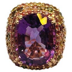 Bochic “Orient” Natural Amethyst & Multi Sapphire Ring Set In 18K Gold & Silver