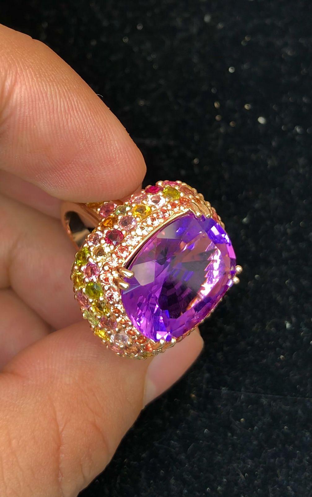 Bochic “Orient” Natural Amethyst & Multi Sapphire Ring Set In 18K Solid Gold For Sale 4