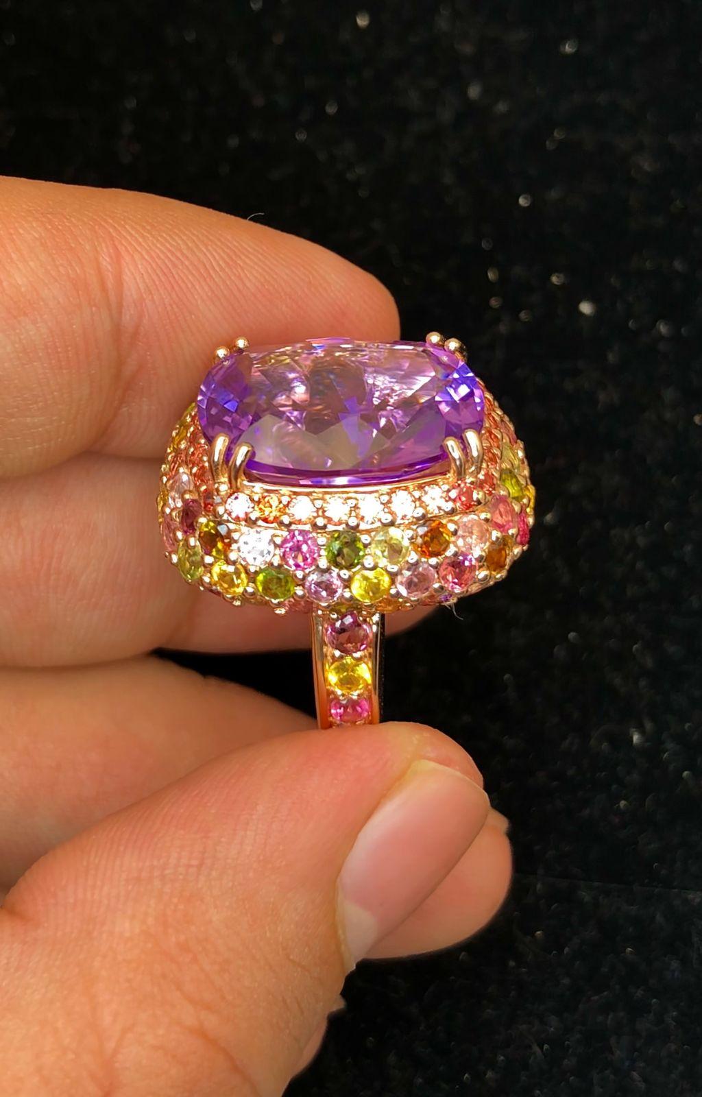 Art Deco Bochic “Orient” Natural Amethyst & Multi Sapphire Ring Set In 18K Solid Gold For Sale