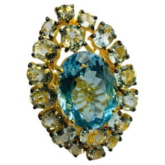Bochic “Orient” Natural AquaMarine & Blue Topaz Ring Set In 18K Gold Plating