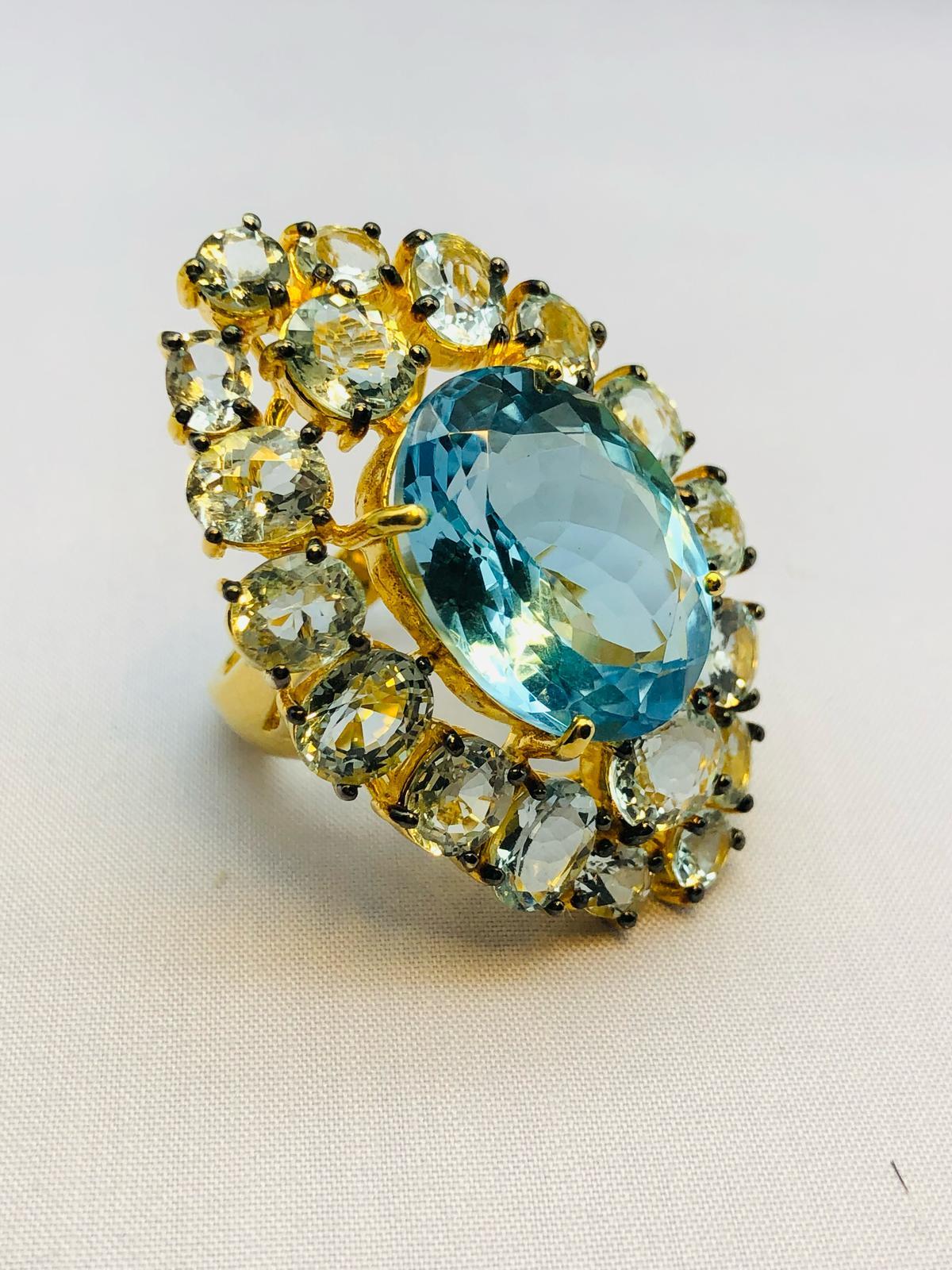 Bochic “Orient” Natural AquaMarine & Blue Topaz  Ring Set In 18K Gold & Silver For Sale 5