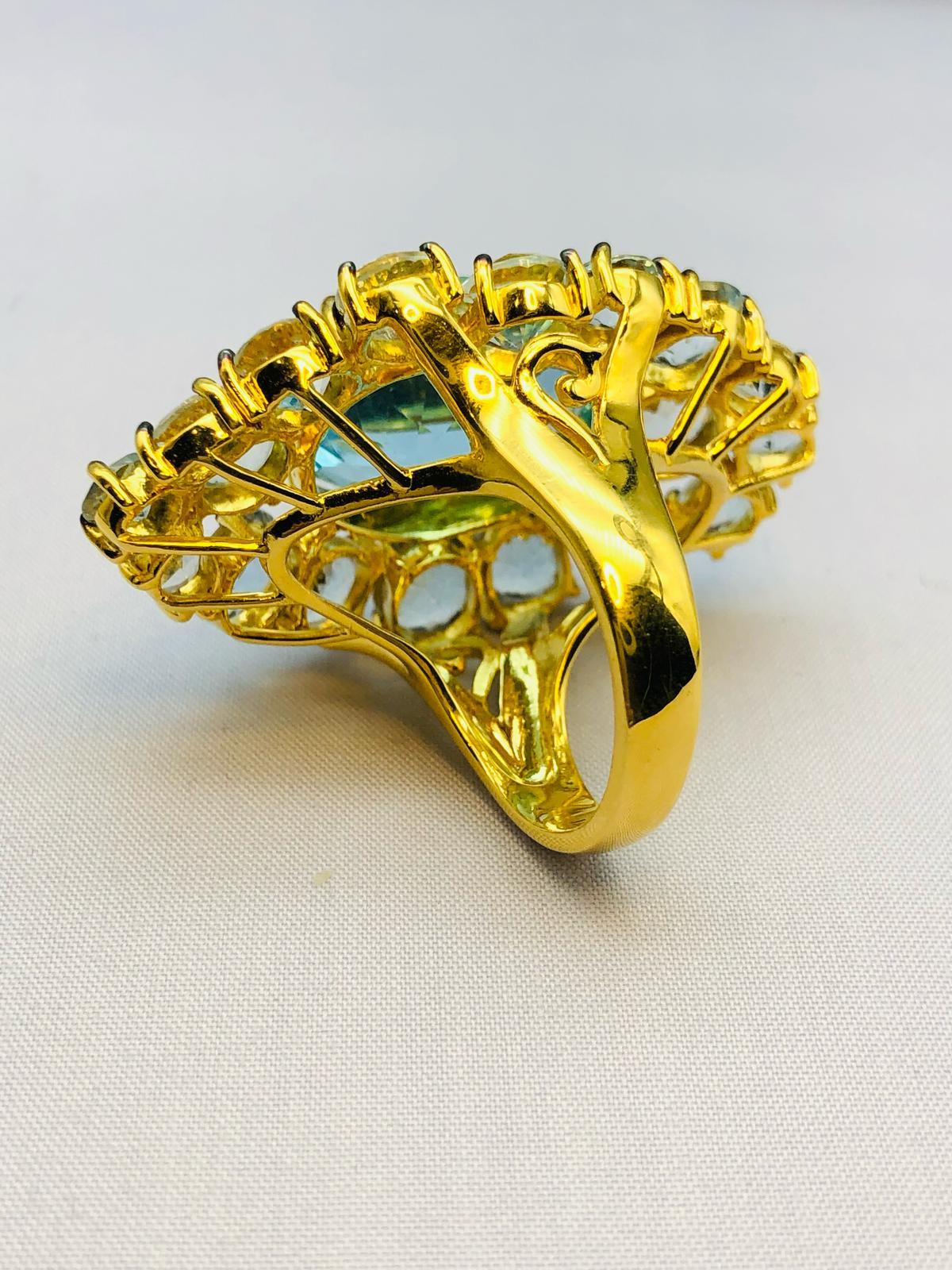 Bochic “Orient” Natural AquaMarine & Blue Topaz  Ring Set In 18K Gold & Silver For Sale 6