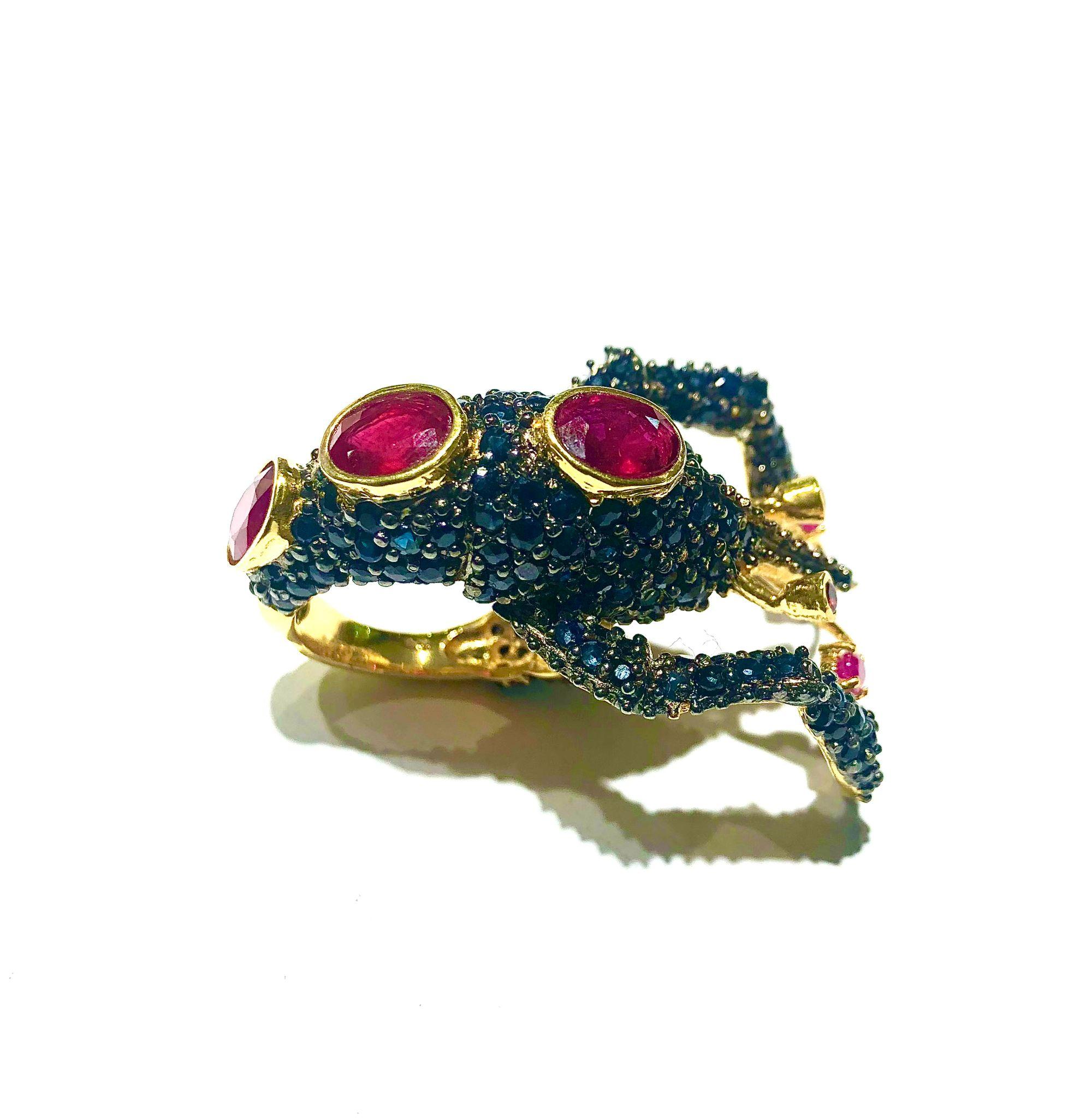 Retro Bochic “Orient” Natural Blue Sapphire & Natural Ruby Ring Set In 18K Gold&Silver For Sale