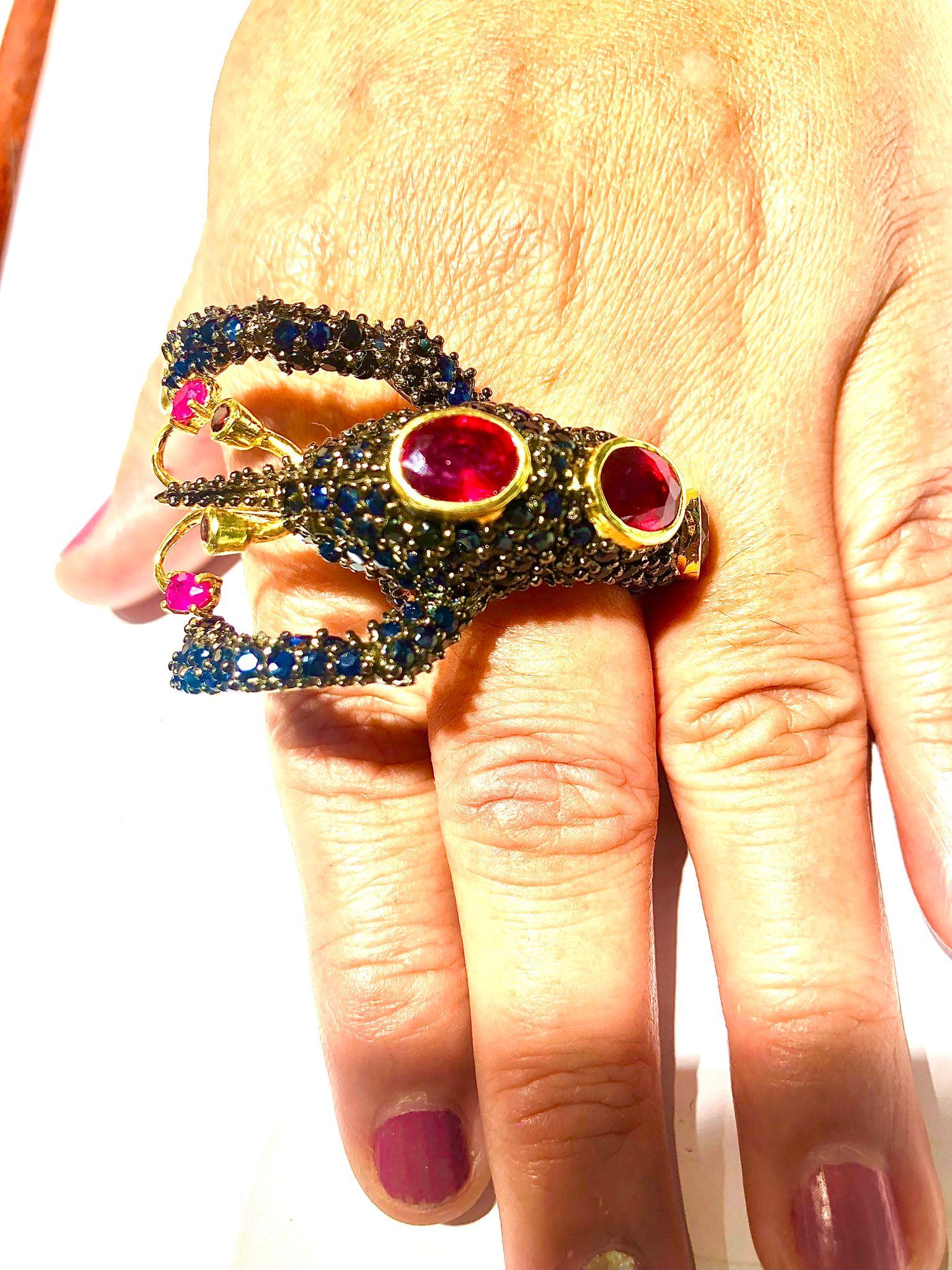 Cabochon Bochic “Orient” Natural Blue Sapphire & Natural Ruby Ring Set In 18K Gold&Silver For Sale