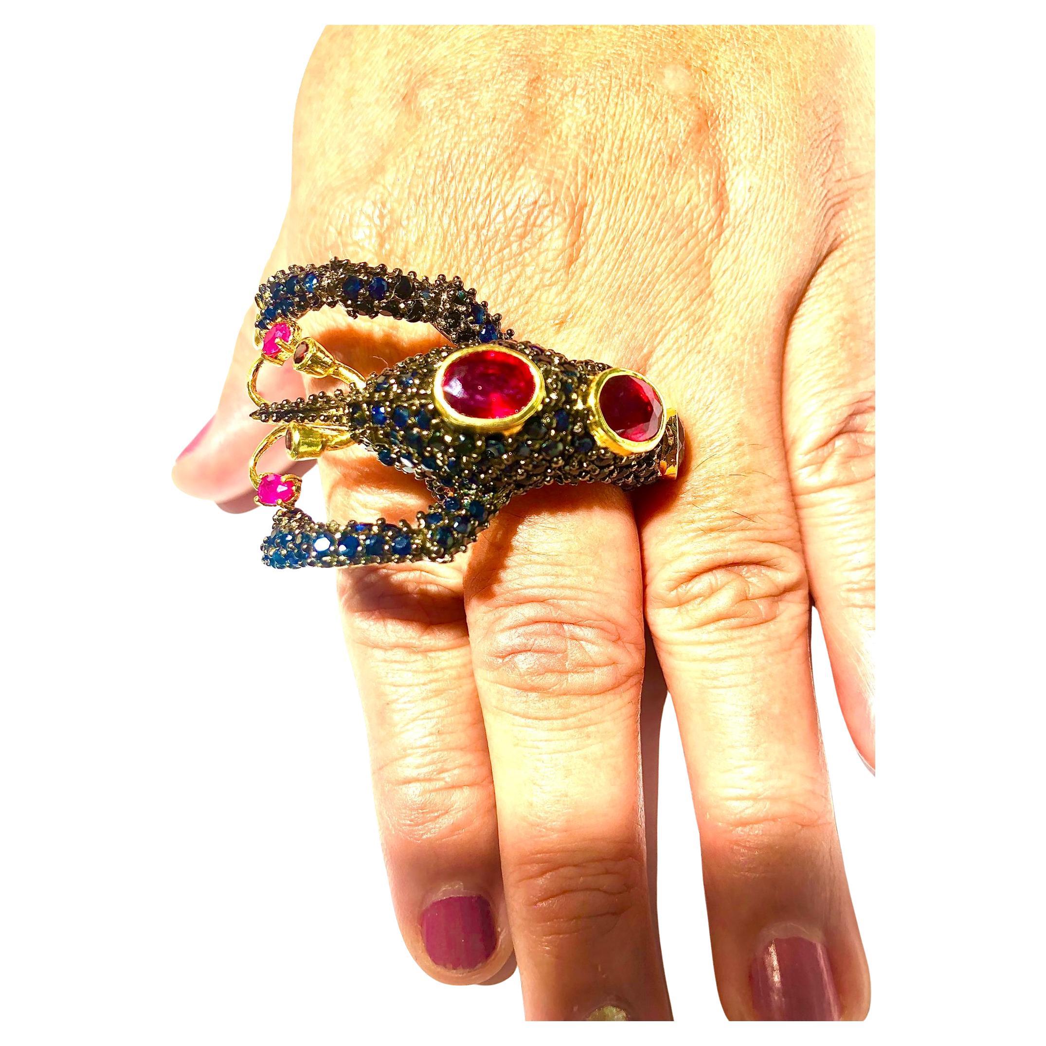 Bochic “Orient” Natural Blue Sapphire & Natural Ruby Ring Set In 18K Gold&Silver For Sale